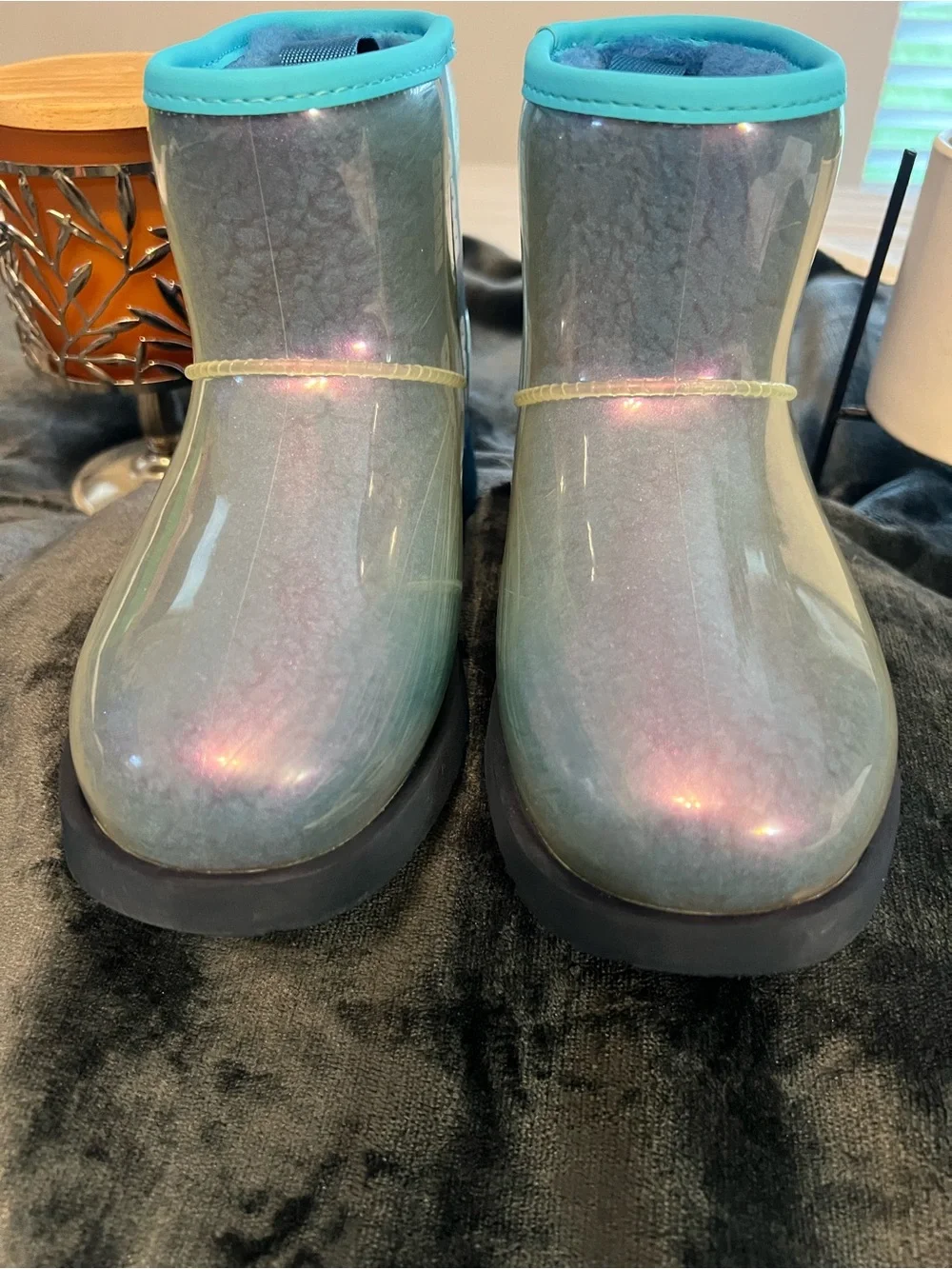 UGG Kids Iridescent Teal-Trim Short Rain Boots